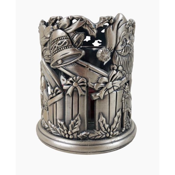 Vintage Peace On Earth Candle Votive Holder Pewter Christmas Holiday Santa - Picture 5 of 10